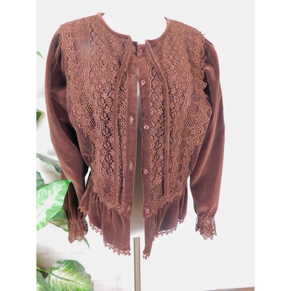 Vintage Japan Velvet Lace Victorian Prairie Blouse Boho Cottagecore L - Picture 4 of 12